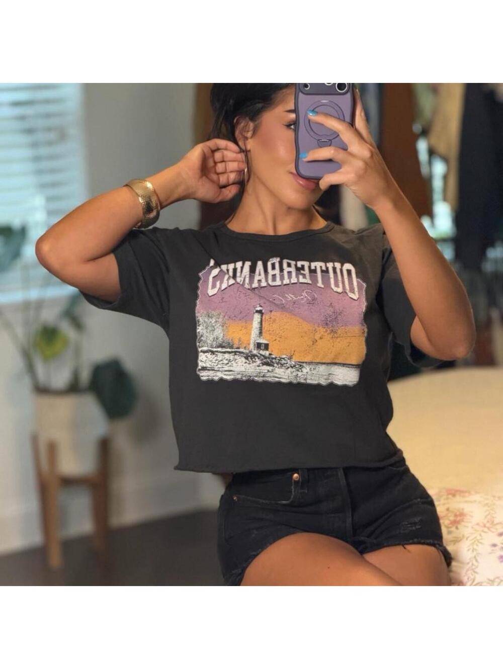 Outer Banks Graphic Tee Black Oversized Coastal Lighthouse T Shirt Medium